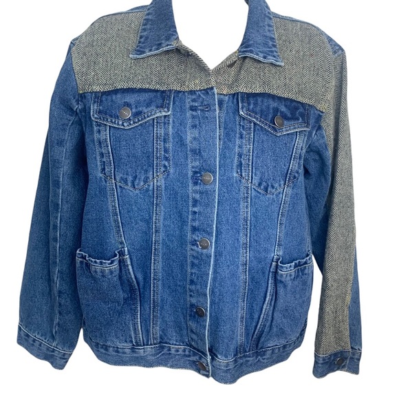Anthropologie Evidnt LA Denim Tweed Oversized Colorblock Jacket Sz XS-M - Picture 2 of 16